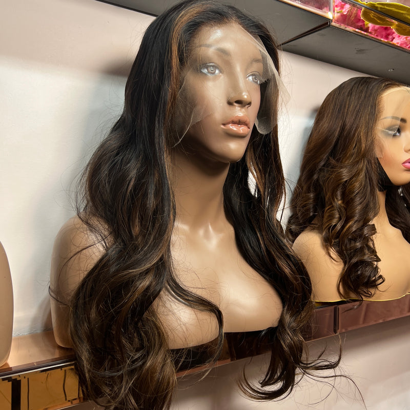 Luxury Brown Highlights Custom Colour - 22" inch Body Wave Frontal Lace Wig - Transparent Lace 242