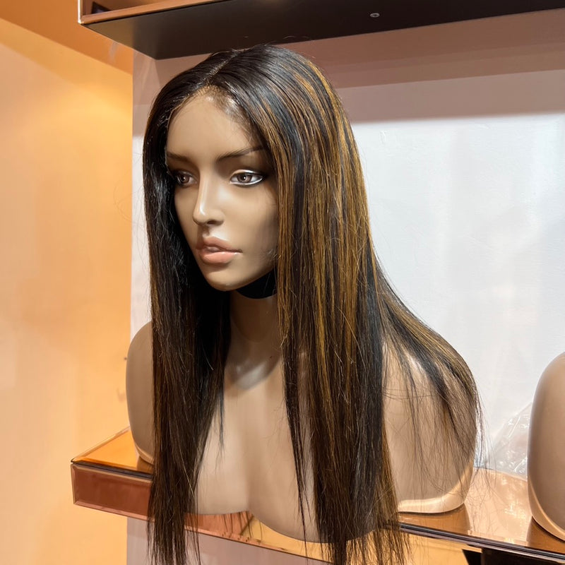 Brown Highlights Custom Colour - 16" inch Straight Frontal Lace Wig - Lace Cut (£120 off)