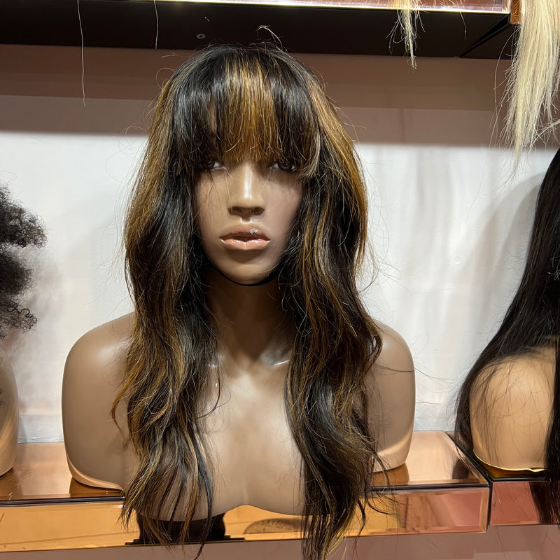 Brown Highlights Custom Colour - 16" inch Straight (Styled Wavy) Frontal Lace Wig - Fringe Cut - Lace Cut (£170 off)