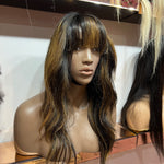 Brown Highlights Custom Colour - 16" inch Straight (Styled Wavy) Frontal Lace Wig - Fringe Cut - Lace Cut (£170 off)