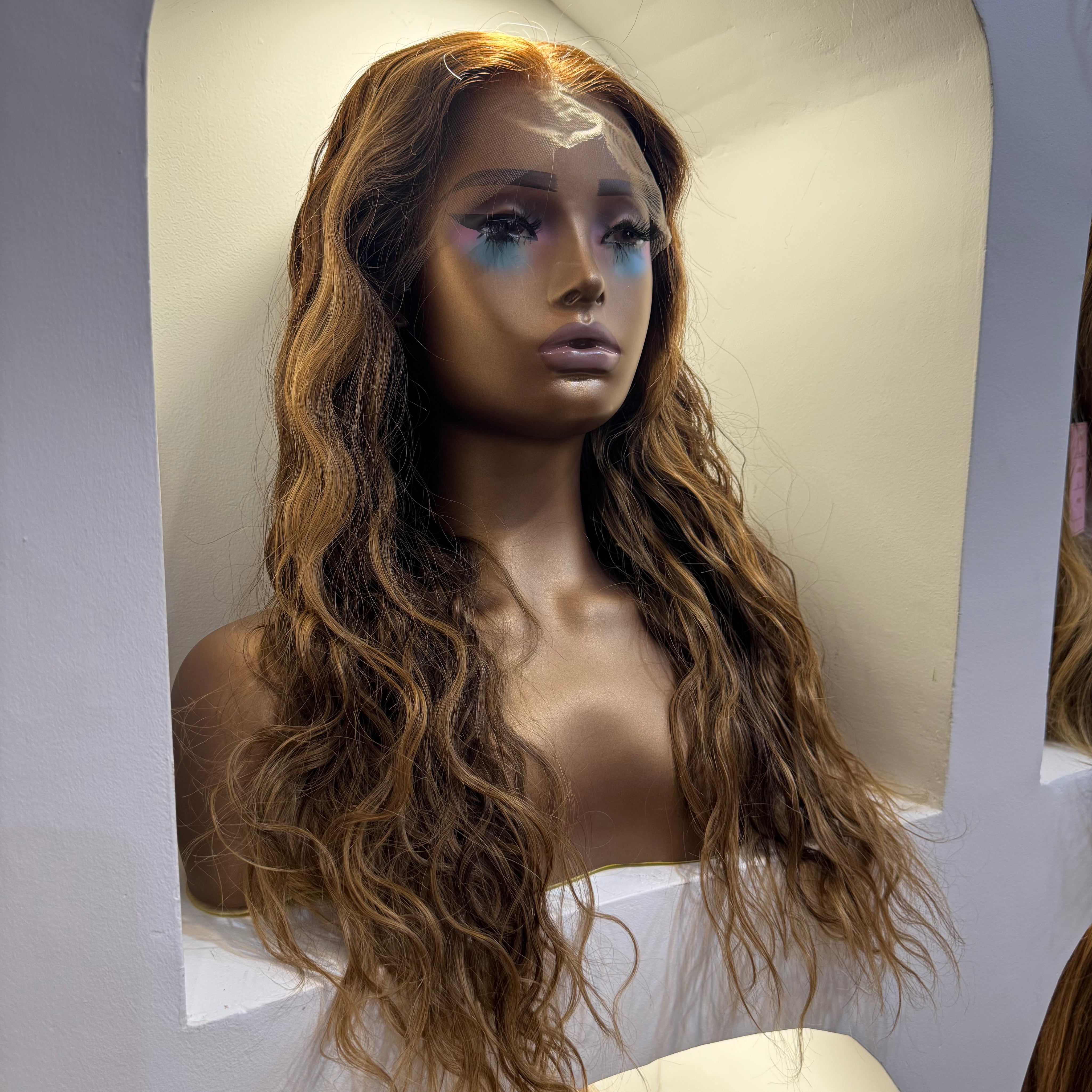 The Camille - Luxury Chestnut Brown with Blonde Highlights - Natural Wave Wig