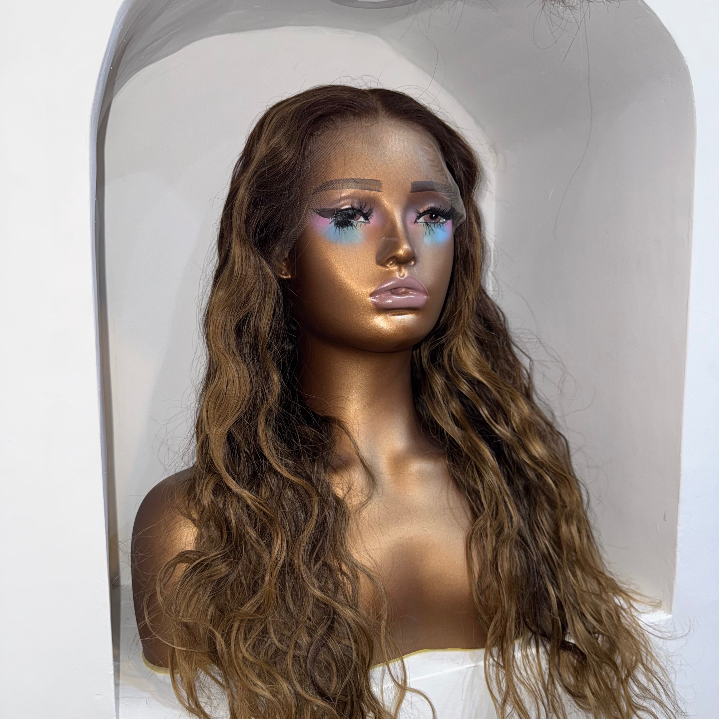 The Camille - Luxury Chestnut Brown with Blonde Highlights - Natural Wave Wig