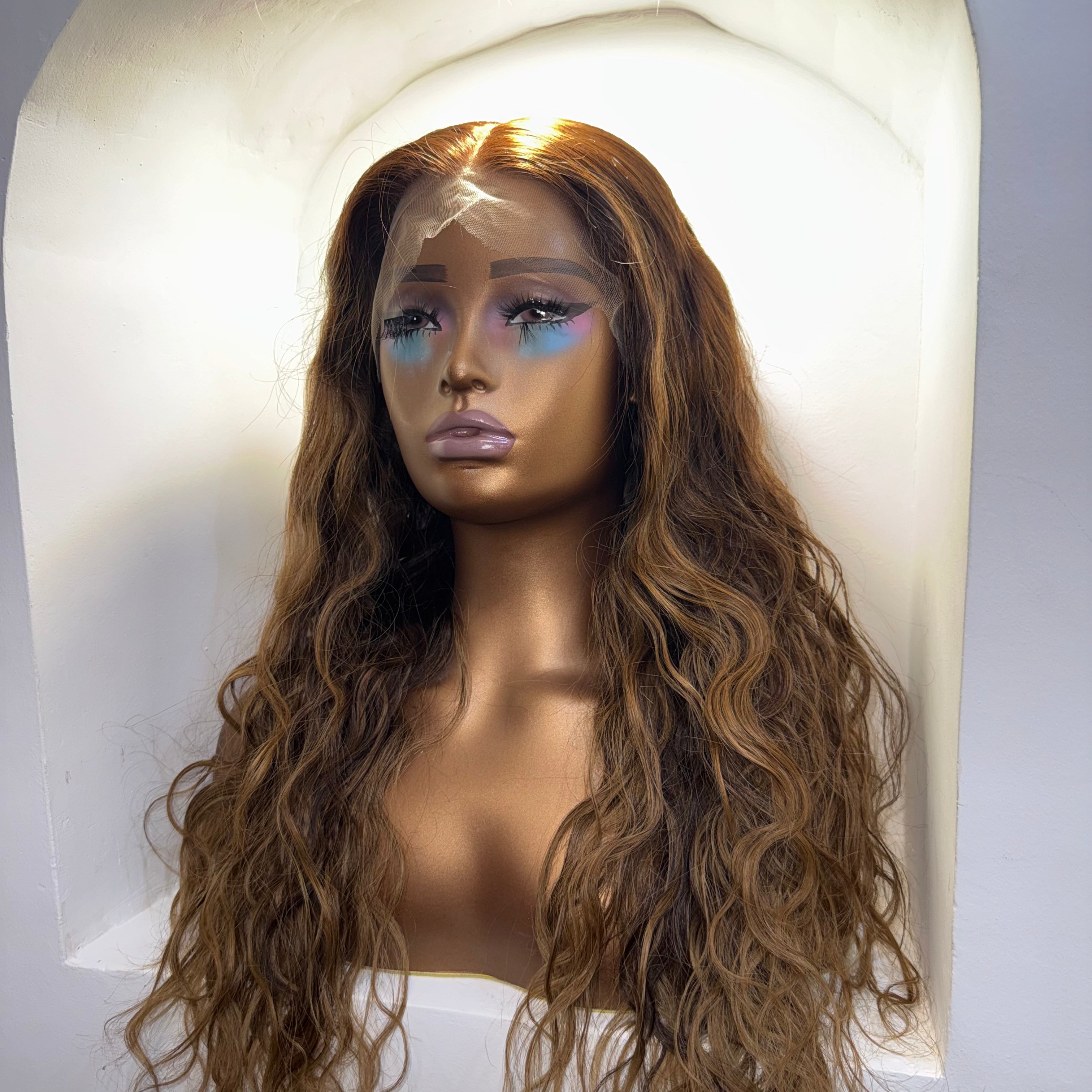 The Camille - Luxury Chestnut Brown with Blonde Highlights - Natural Wave Wig