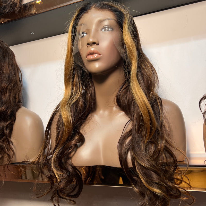 Brown Highlights Custom Colour - 20" inch Body Wave Frontal Lace Wig - Transparent Lace 263
