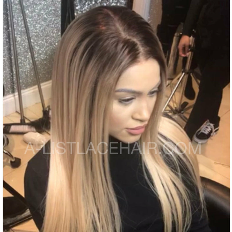 The YASMIN Unit - Glueless Frontal Lace Wig - Straight Colour 24 with Medium Brown Roots. Glueless lace wig by A-list lace hair.