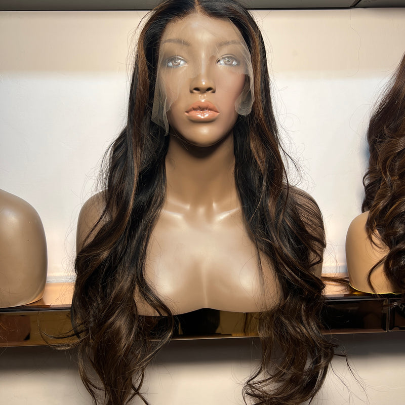 Brown Highlights Custom Colour - 22" inch Body Wave Frontal Lace Wig - Transparent Lace 242